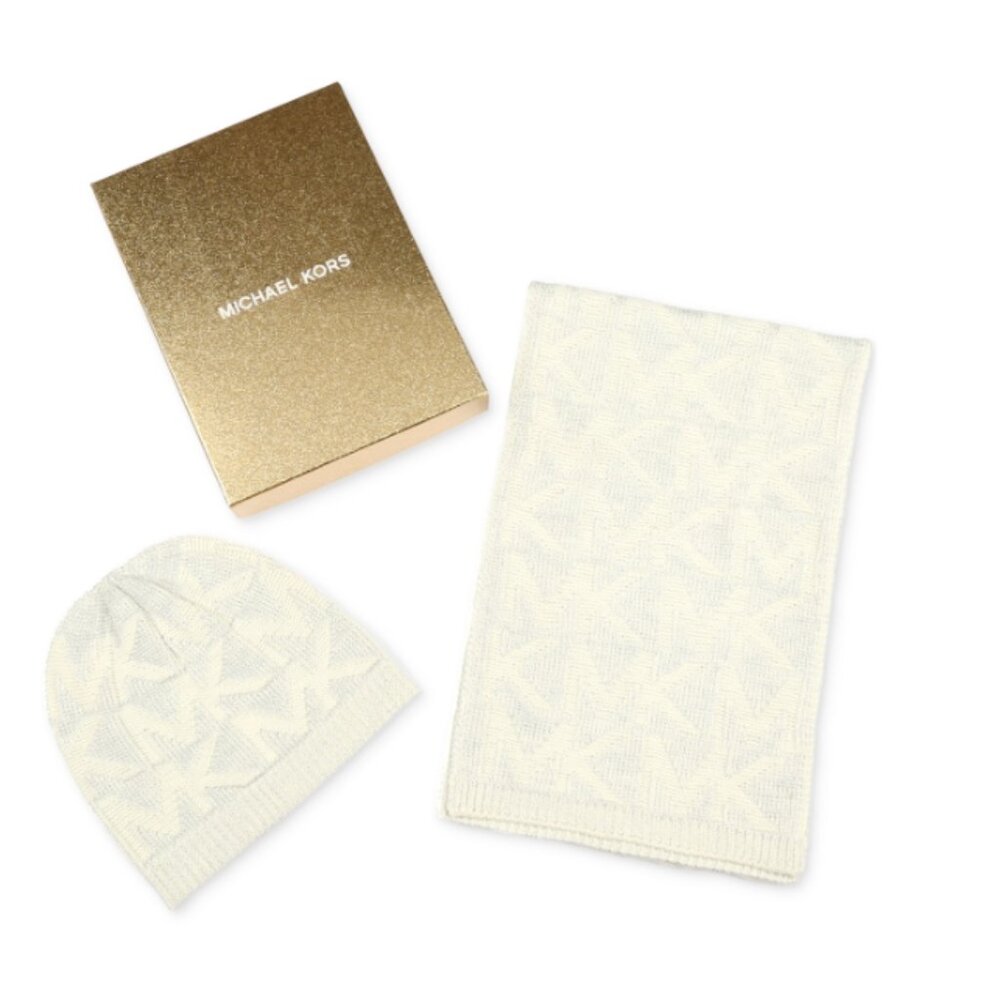 Michael Michael Kors Women's Debossed Knit Metallic Beanie & Scarf Set - Cream